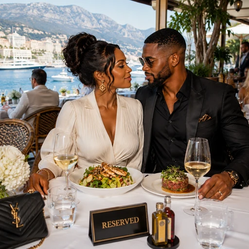 Elegant couple holding champagne beside a luxury terrace pool at sunset