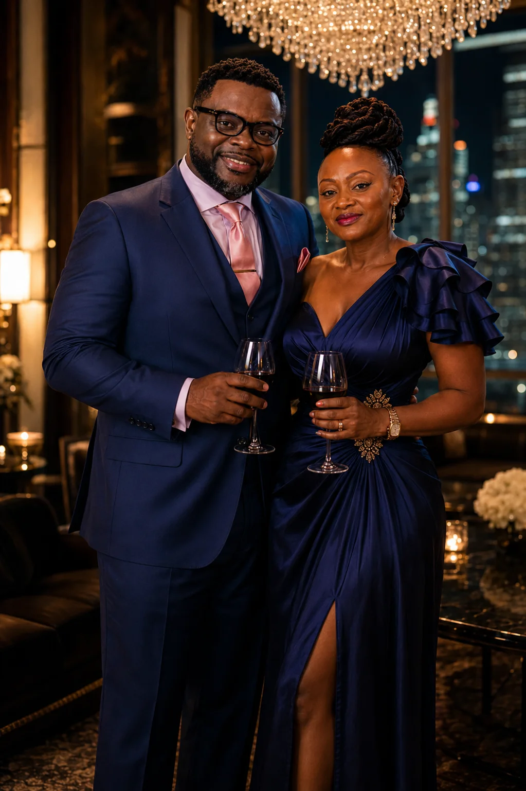 Elegant couple holding wine in a refined evening lounge