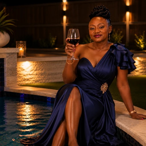 Elegant woman holding wine beside a luxury pool at night