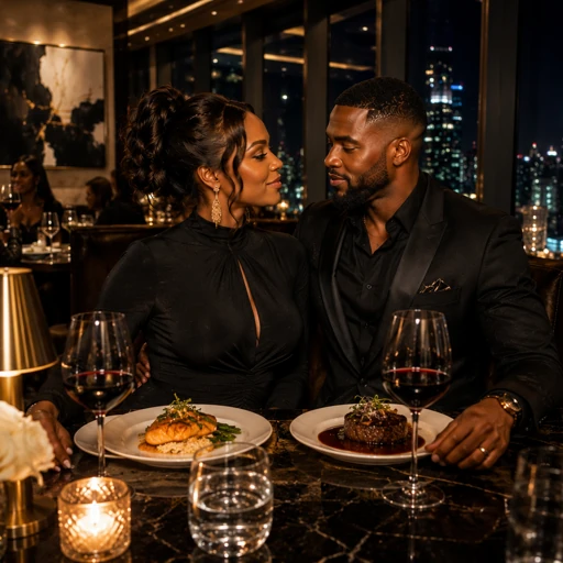 Elegant couple sharing a premium dinner with wine in a refined city restaurant