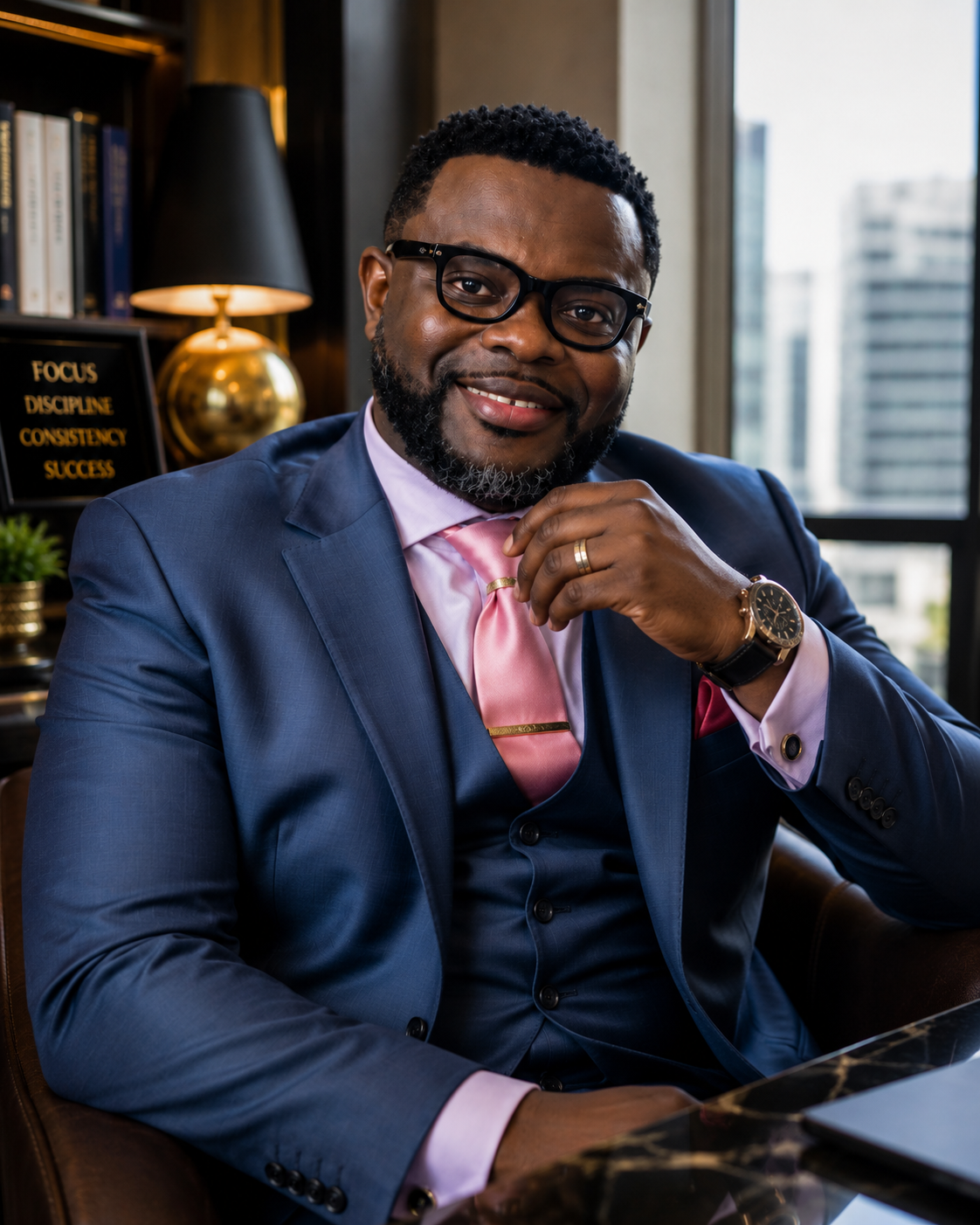 Executive founder portrait in a refined office lounge