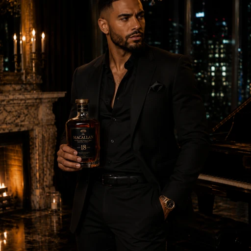 Executive holding a premium whisky bottle beside a grand piano