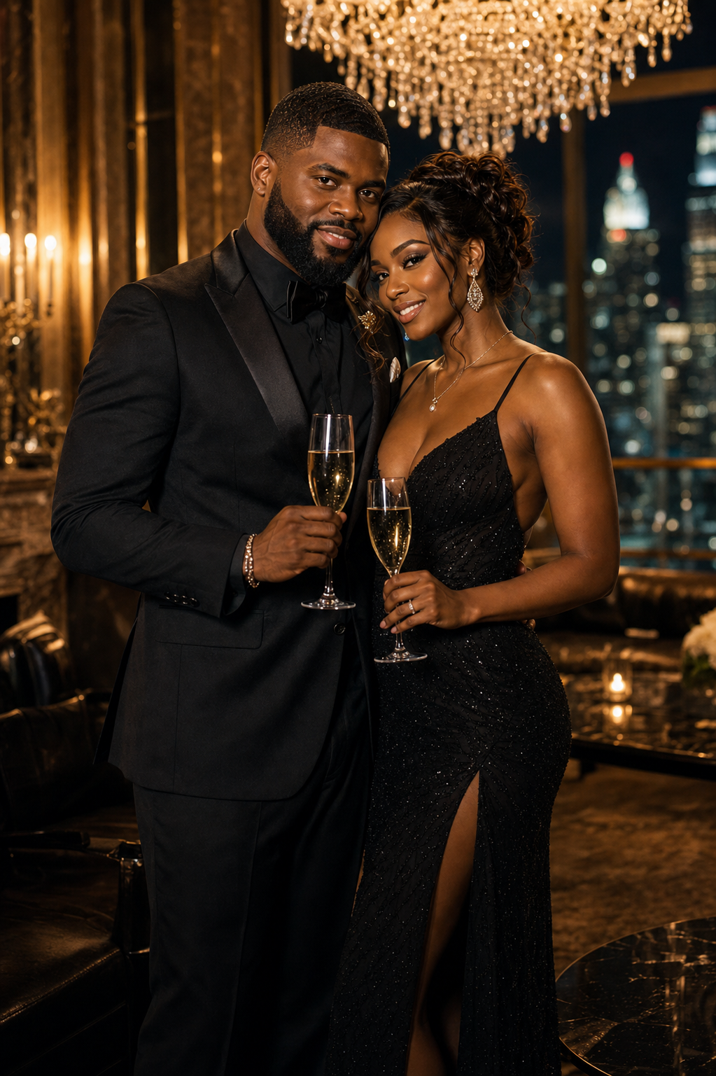 Elegant couple holding champagne in a warm luxury lounge setting