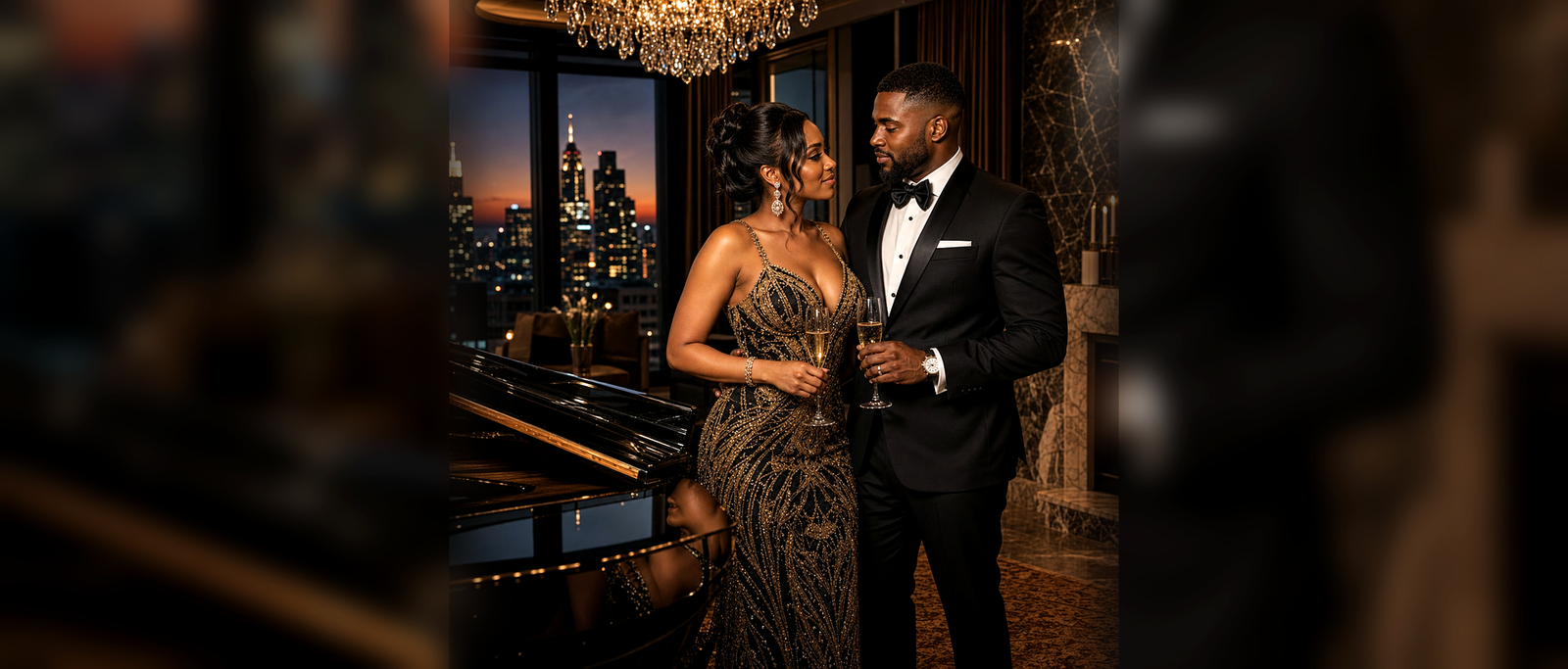 Elegant couple holding champagne beside a grand piano in a luxury penthouse